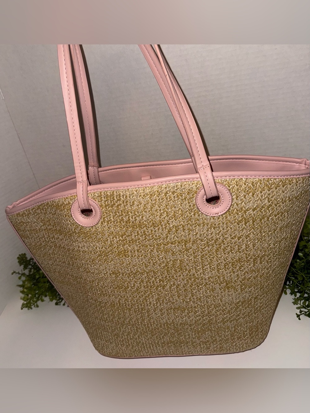 Straw Tote Bag with Blush Pink Trim satin floral lining